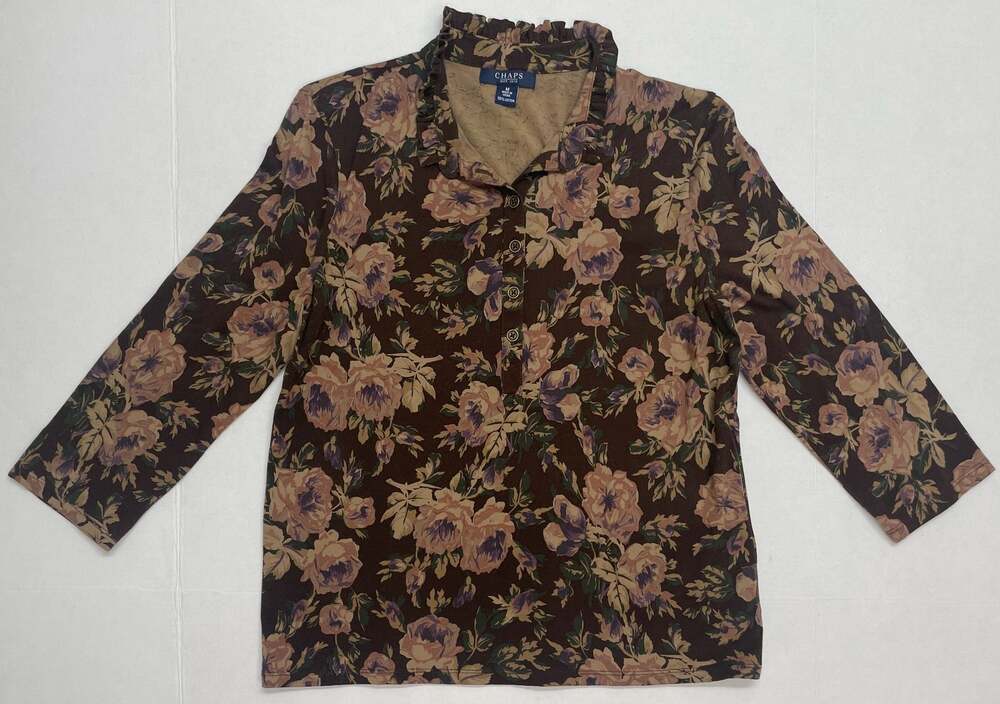 Chaps Floral Ruffle Collar Henley Long Sleeve Top Brown Multi Cottagecore Size M